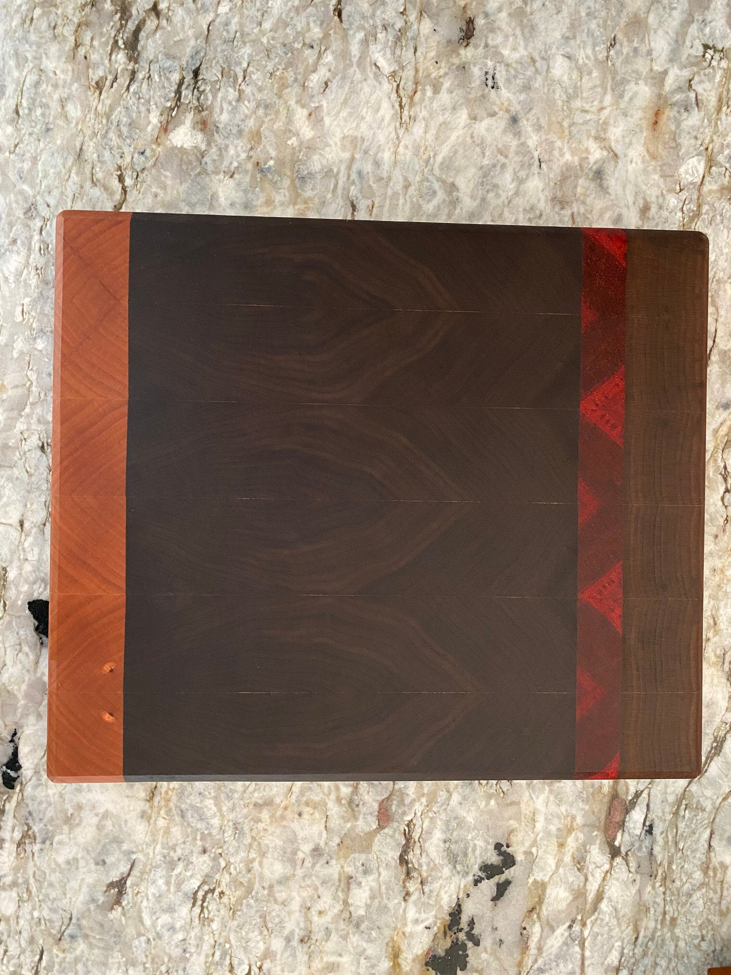 Walnut end grain cutting board/chopping block with Cherry and Padauk highlights