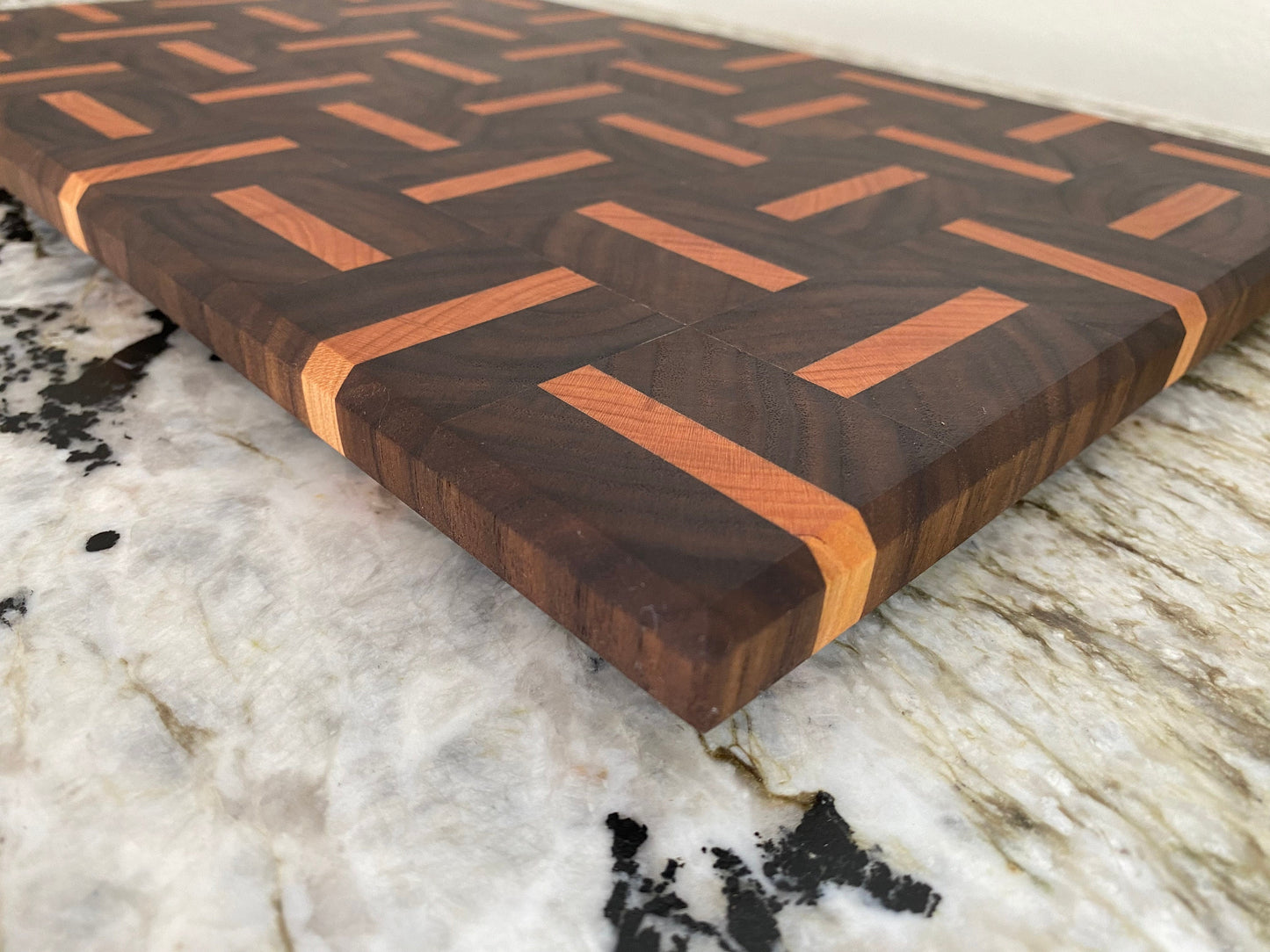 Walnut end grain cutting board/chopping block with Cherry highlights